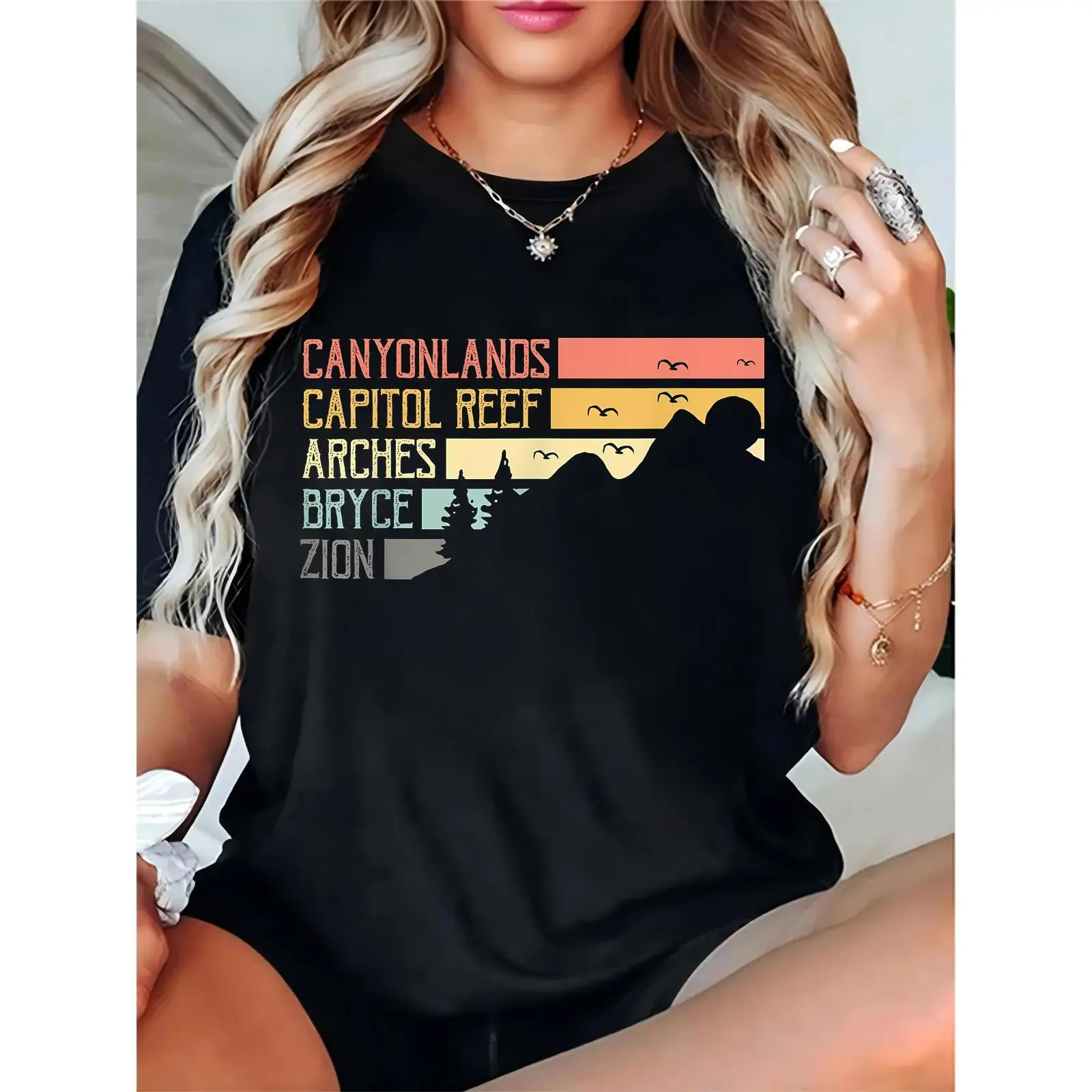 Women's 100% Cotton Crew Neck Short-Sleeve Lightweight Tshirt - Retro National Parks Sunset Graphic, Canyonlands-Capitol Reef-Arches-Bryce-Zion Mountain Design, Breathable Fit for Casual Hiking Enthusiasts, Top, Round Neck