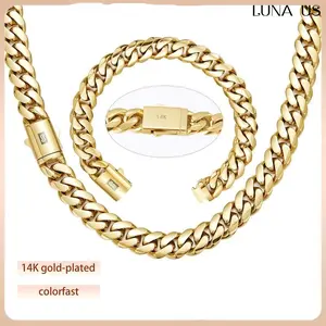 Set 2pcs 14K Gold Vacuum PlatecStainless Steel With Copper Black "S" Ear ClaspMiami Cuban Link Chain 6-14mm Necklace &Braceletltaly Mexico & Micro Inspired forWomen & Men Luxury Jewelry,Daily Wear,Fashion,Gift,Chicano,Classic,Hip Hop,Simple,Sporty unisex