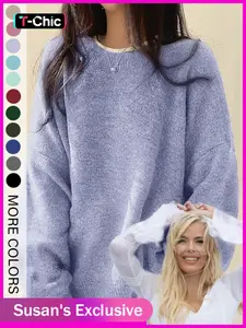 【Susan's Exclusive】Women's Solid Color Round Neck Loose Knit Pullover Sweater, Casual Long Sleeve Fall & Winter Chic Fashion, Split Design,Gifts For Women