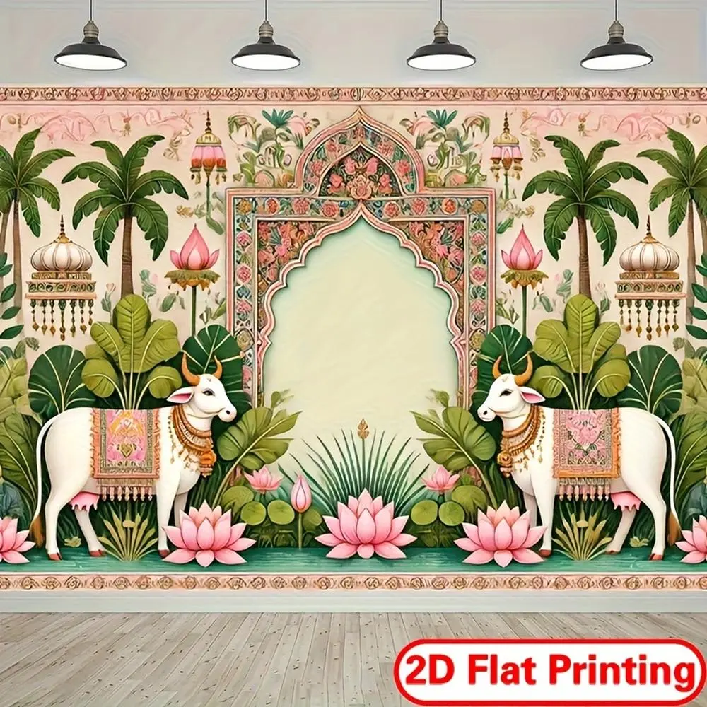 1pc Traditional 2D Flat Soft Texture Durable Indian Wedding Textile Banner Ornament - Pink Flower Motifs, Arch Window Design, Vibrant Green Backdrop, Easy Hanging Non-Electric Glam Decoration for Diwali, Navratri
