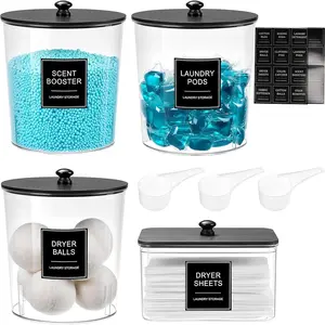 Laundry Pods Container & Dryer Sheet Holder, Laundry Room Organization and Storage Jars with Lids, Labels & Scoops for Powder Detergent Scent Booster, Storage Bottles