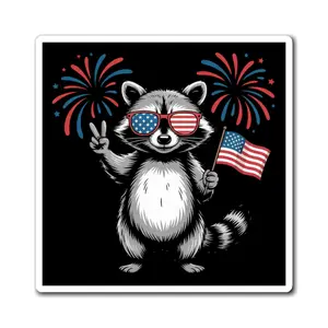 Patriotic Raccoon Magnet – Funny USA Fridge Decor with American Flag, Sunglasses, Peace Sign & Fireworks, 4th of July