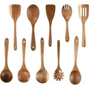 Handcrafted Acacia Wood Kitchen Utensil Set, 10-PCS Natural Brown Cooking Spoons and Slotted Spatulas, Premium Wooden Serving Tools for Kitchen (10Spoon)