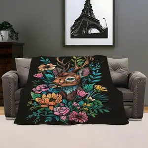 Colorful Deer Head Floral Print Blanket, Soft Comfortable Multi-Use Cover, Ideal for Sofa, Bedroom, Office, Outdoor, Perfect Gift
