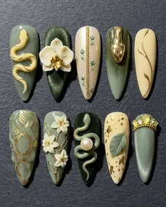 Handmade Botanical Snake Press-On Nails, Sage Green Floral Pearl Reusable Acrylic Nail Set with Nature-Inspired Design