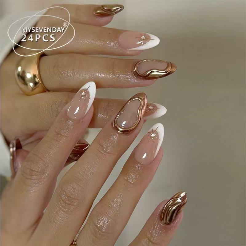 Jelly Gel  Stickers, French Style White-tipped French manicure, almond shape Nude-colored press-on  3D gold moon and star design Glitter French tips Shiny, reusable adhesive  set 24 pieces per pack nail Nail Tips Rhinestone