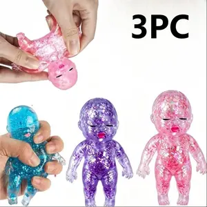 3PC Baby Squishy Glittery，Stress Cube Squishies Anxiety Stress Relief, Sensory Ball for Kids with Autism，Soft Cute Squeeze Stretch Decompression Doll for Teens Party Favors Gifts Desk Decor (Blue/Pink/Purple)