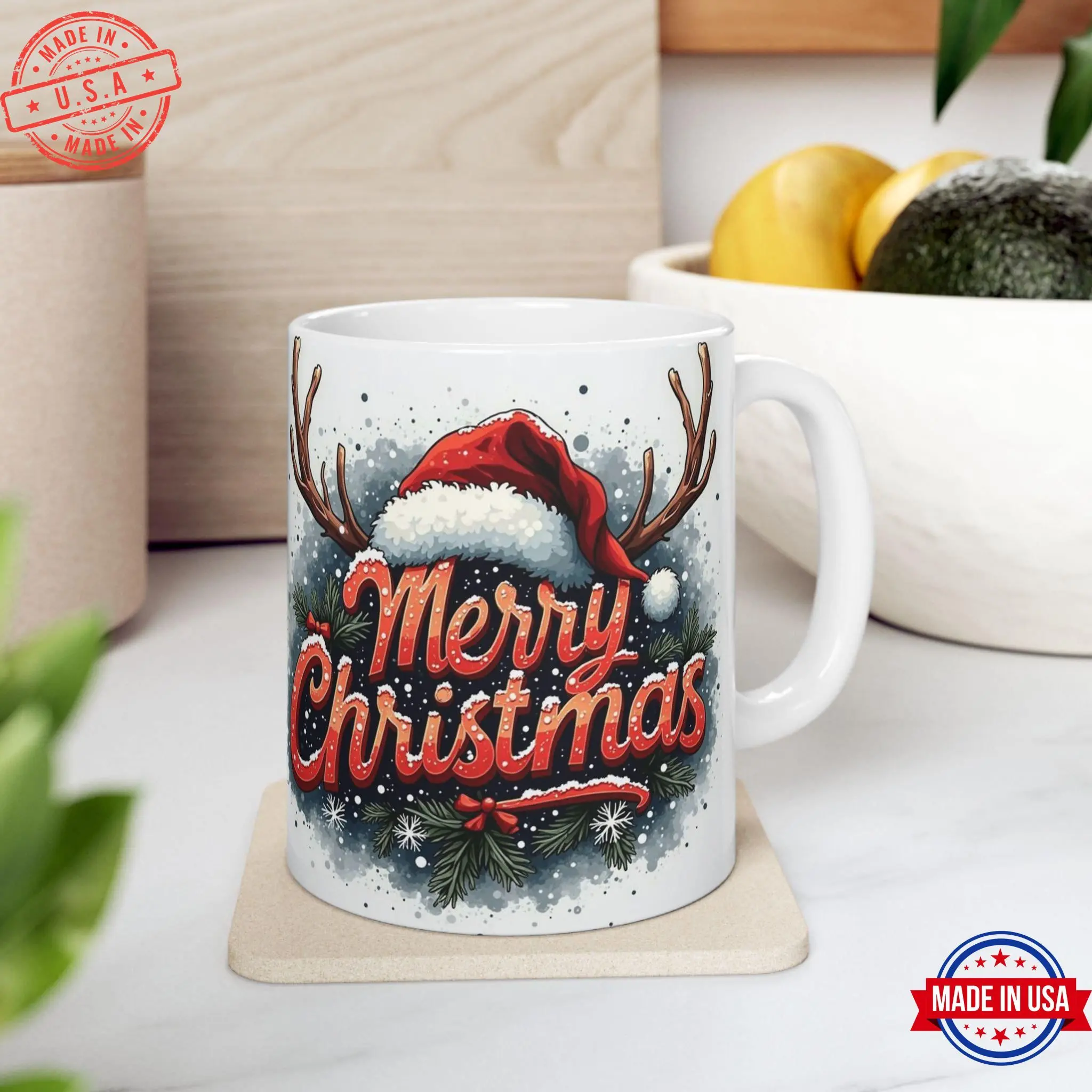 [Sale off up to 50%] Festive Christmas Ceramic Mug, Holiday Gift, Winter Decor, Reindeer Design, Hot Cocoa Mug,  Christmas Gift