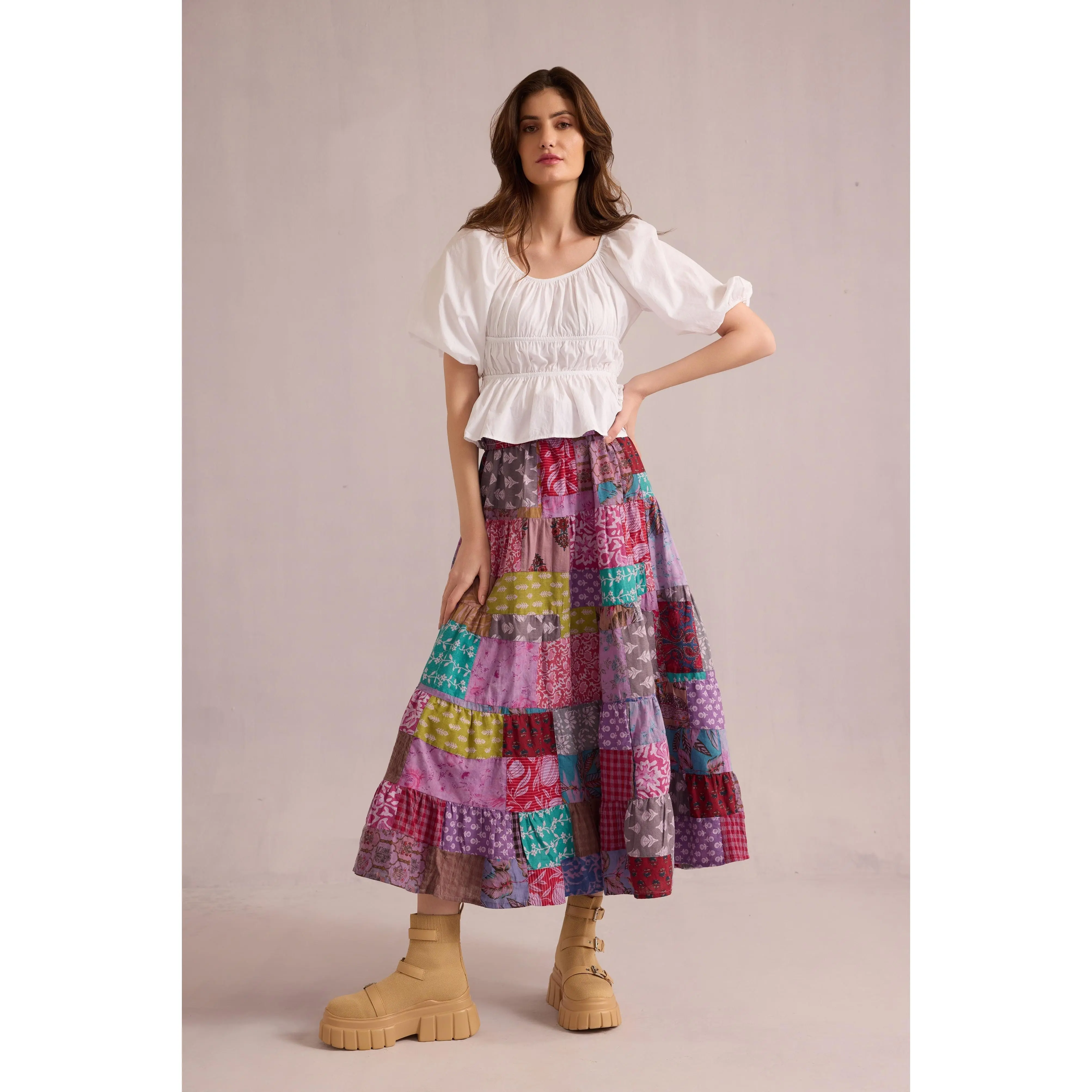 Women's Multicolor Love's Patchwork Skirt, Boho Style, Flowy Whimsical Artisan Patterned All-Cotton Skirt, Flowy Skirts