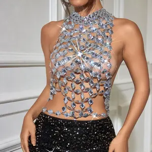 Sexy top Creative Chest Chain Sparkling Top With Gemstone top Halter-style Vest