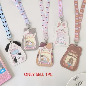 Cute Cartoon Animal Pattern ID Card Holder with Personalized Lanyard, 1 Count PU Leather ID Card Holder, Identification Badge Supplies for Office School