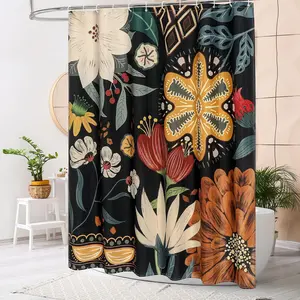 Boho Floral Shower Curtain – Tropical Leaves & Colorful Flowers, Modern Farmhouse Bathroom Decor, 72x72 Waterproof Polyester, Chic Elegant Bathroom Curtain