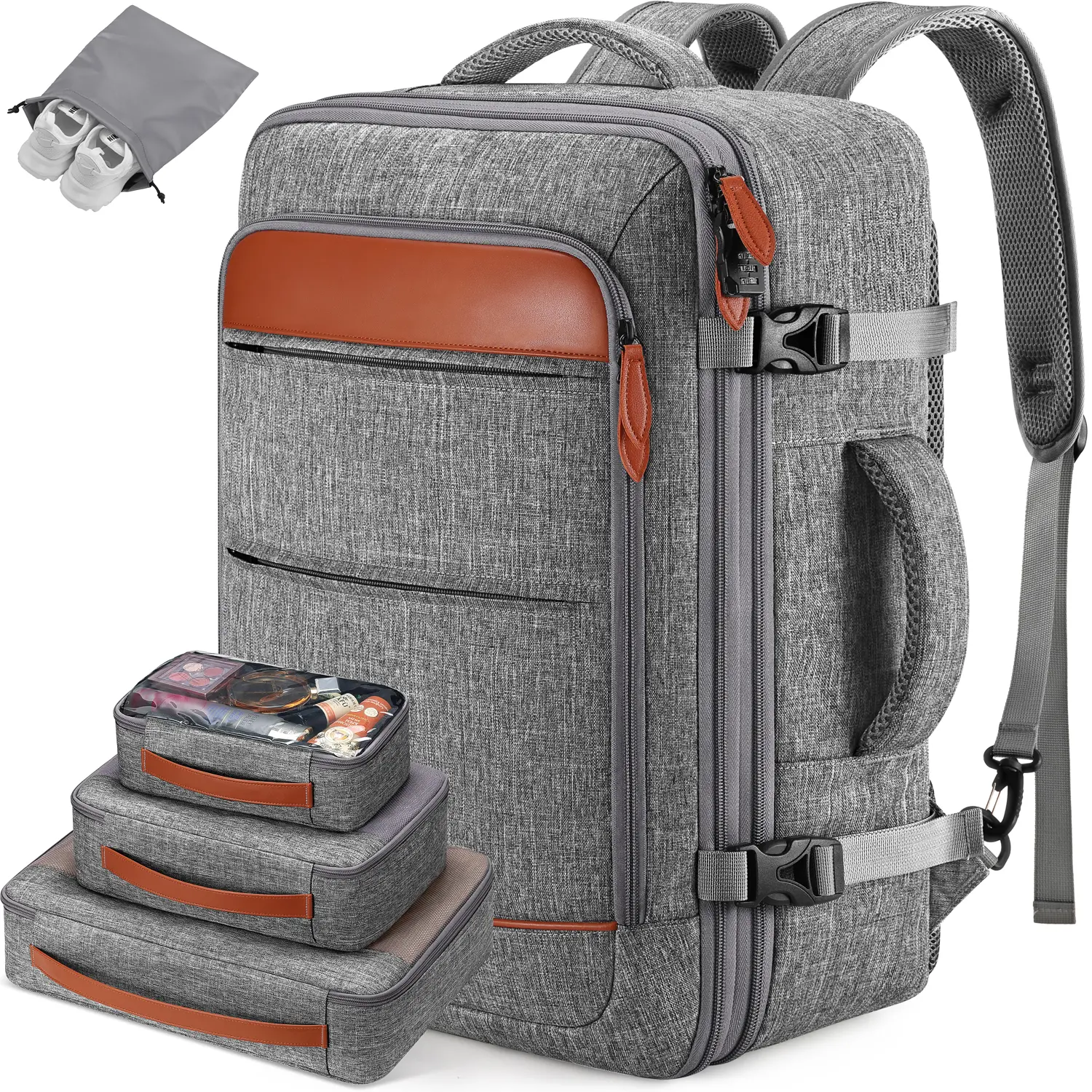 BAGSURE Hidden Shoulder Straps Travel Backpack 42L No Wheels Flight Approved Expandable Luggage Backpack with 3 Packing Cubes for Women Men, Backpacks For School, Personal Item Travel Bag