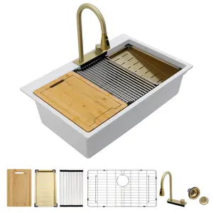 Lordear 33x22 Inch Waterfall Quartz Kitchen Sink Single Bowl Workstation Kitchen Sink Granite Composite Sink with Pull-Out Faucet, Flying Rain Faucet Drop In Sink Undermount Sink