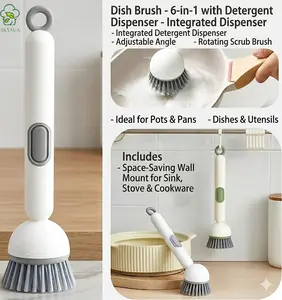 Dish Brush -6-in-1 Dish Brush with Detergent Dispenser - Adjustable Angle & Rotating Scrub Brush for Pots, Pans, Dishes & Utensils | Kitchen Cleaning Brush with Wall Mount for Sink, Stove & Cookware