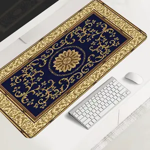 Elegant Navy Blue and Gold Retro Persian carpet Large-sized Gaming Mouse Pad,Desktop Protection Pad, Anti-slip Rubber Lock Edge High-definition Printing, Suitable for Computers, Laptops, Offices, Homes, Schools, as a Gift for Family and Friends