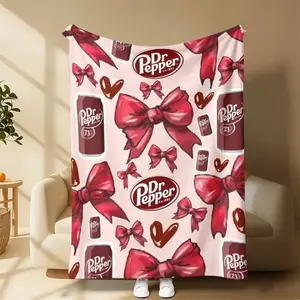 Countdown Sale! Dr Pepper Themed Flannel Blanket Soft Warm Throw Blanket with Classic Logo Red Bows and Hearts Pattern for Bedroom Living Room Sofa Couch All Seasons Cozy Blanket for Dr Pepper Fans and Collectors Perfect Gif