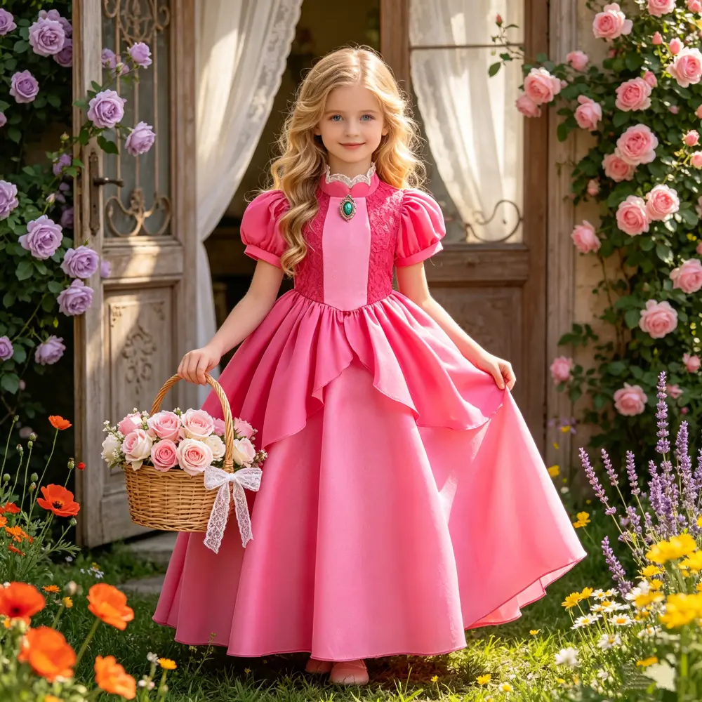 053 Kids Halloween Carnival Princess Peach Sweet Girls Costume Pink Clothes Cosplay Children Fancy Dress Children Girl Cosplay Dress Christmas Party Dress Fairytale Princess Dress