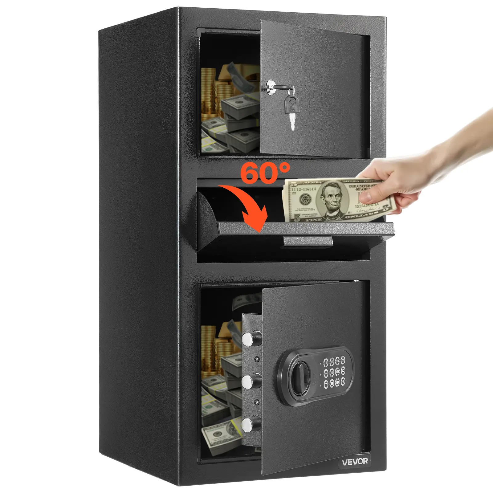 VEVOR Carbon Steel 3.6 Cu Ft Drop Safe, Large Capacity Front Drop Slot Box with Digital Keypad, 3-Tier Triple-Bolted Depository with Spare Keys, Impact Alarm, Dual Compartments, Easy Mounting, External Power Port for Cash, Collectibles, Donations, Black,