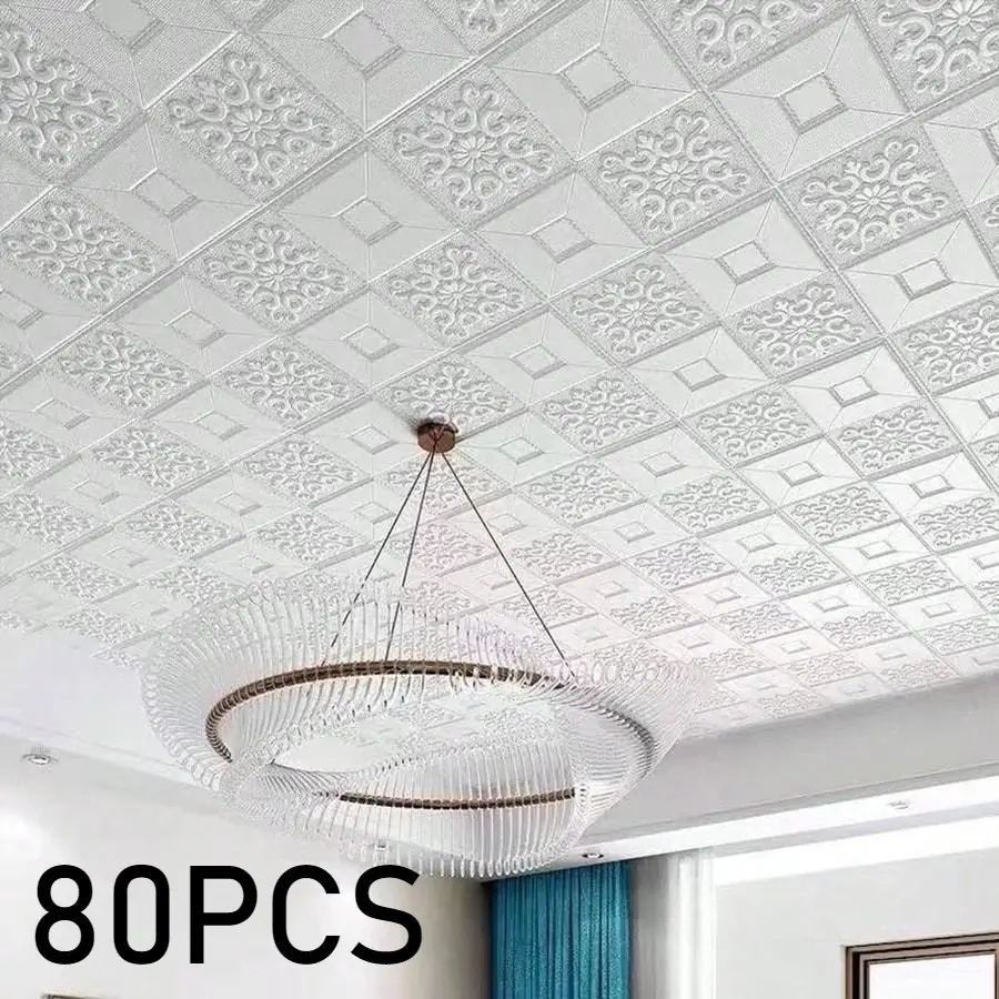 80pcs Self-Adhesive Ceiling and Wall Stickers, Waterproof Decorative Wallpaper, 13.78x13.78 Inches, Ideal for Living Rooms and Kitchens