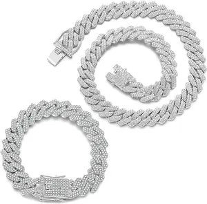 2 Pieces Cuban Link Chain Mens Iced Out Miami Cuban Necklace and Bracelet Silver Bling Diamond Hip Hop Jewelry for Men and Women