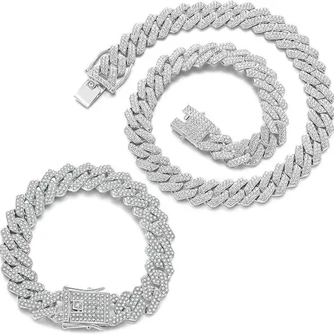 2 Pieces Cuban Link Chain Mens Iced Out Miami Cuban Necklace and Bracelet Silver Bling Diamond Hip Hop Jewelry for Men and Women