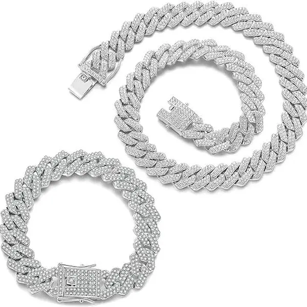 2 Pieces Cuban Link Chain Mens Iced Out Miami Cuban Necklace and Bracelet Silver Bling Diamond Hip Hop Jewelry for Men and Women