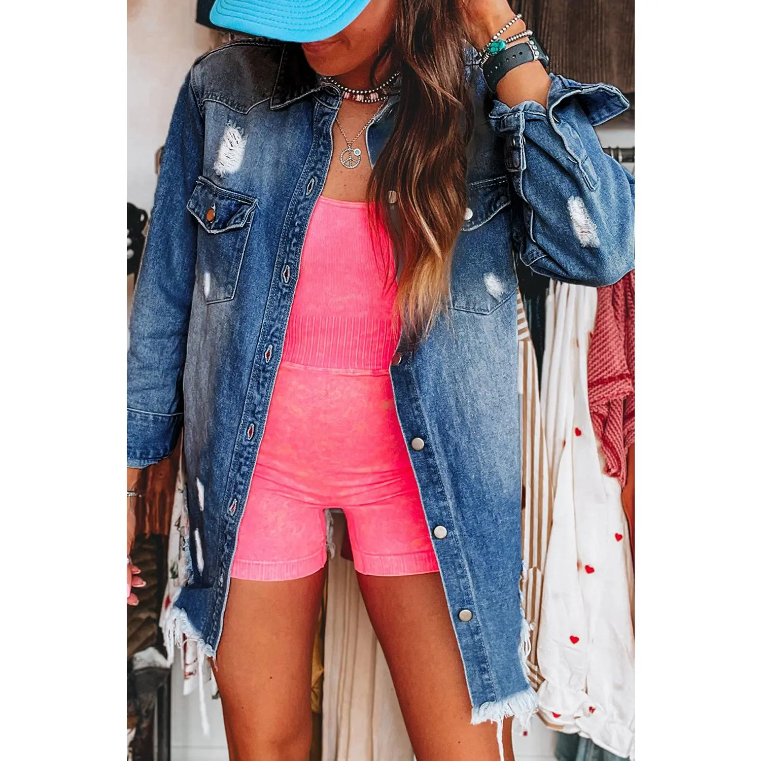 Sky Blue Light Wash Distressed Frayed Long Denim Jacket