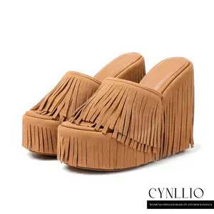 CYNLLIO Fringed Boho Cowboy Style Platform Sandals For Womens Open Round Toe Tassel High Heels Slip On Wedge Heeled Slides for Dating Outings Evening Party Holiday Spring Summer Dress Sandals Beach Slippers Bohemian Style Shoes Deals For You Days