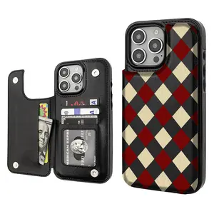 Retro checkered Aesthetics Pattern Phone Cases Compatible For With iphone 16 15 14 13 12 PRO PLUS MAX PU Black Durable Flip High quality Leather Credit Card Bag Holder Mother Gift Wallet Shockproof Anti-Drop Full Protection Phone Cases Shell Cover
