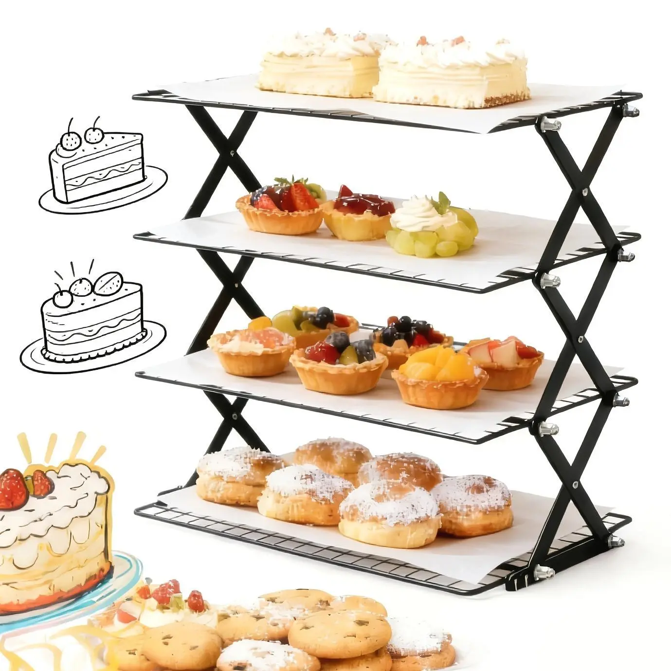 4-Tier Foldable Cooling Rack, Baking Pan Wire Rack, Outdoor Picnic Rack, Adjustable 4 Setting Designs, Collapsible Food Display Stand, Multi-Purpose Serving Tray, Camping Grill for for Baking, Roasting, Grilling, Picnics, with 20pcs Parchment Paper