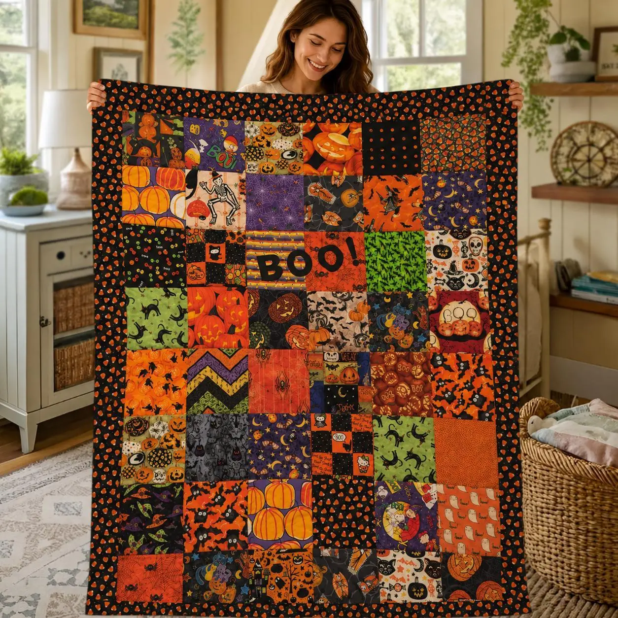 Halloween Premium Quilted Fleece Blanket Patchwork Spooky Throw Blanket Boo Pumpkin Ghost Fall Quilt Autumn Sofa Blanket Halloween Home Decor