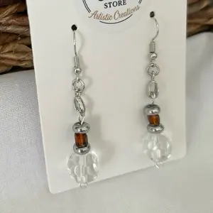 SCS-BWER1-006 Amber Tone Glow Crystal Earrings with Silver Tone Hooks and Clear Beads for Everyday Wear Handmade Jewelry Elegant Style Minimal Jewelry