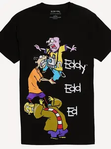 Ed, Edd n Eddy Classic 220g Cotton Crew Neck T-Shirt - Black Adult Casual Summer Tee with Vibrant Cartoon Graphic, Machine Washable Regular Fit, Breathable Clothing, Playful Design, Comfortable Fabric