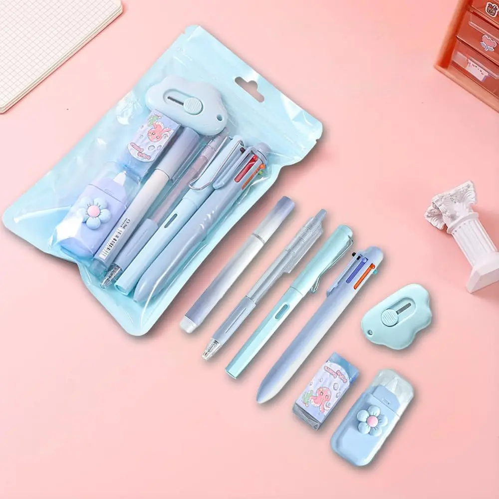 7-Piece Blue Aesthetic Stationary Set - Cute Mini Student Office Accessories Kit with Ballpoint Pen, Highlighter, Ruler, Correction Tape, Utility Knife, Sharpener - Back to School Gift