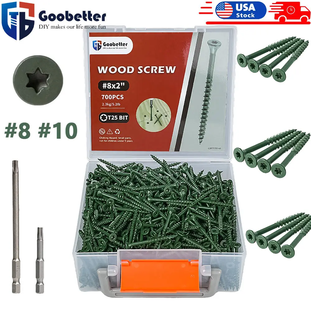 Countersunk Head Carbon Steel Screws, #8x2" Green Coated Star Drive Self-Tapping Metal Self-Drilling Wood Screws with Bit, 700pcs Rust Resistant for Exterior Wood Decks