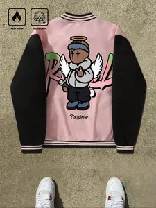 TikTok Viral "Royal Love" Angel Graphic Varsity Jacket – Pink & Black, Fleece-Lined, Streetwear Essential for Y2K Urban Aesthetic, Perfect for Bold Casual Outfits with Cartoon Angel, and "Original" Slogan Details on Front and Back, Casual Chic Outerwear