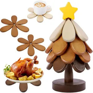 Wooden Trivets for Hot Dishes & Drinks, Tree Shape Trivet Coaster Set, 4 Walnut Wood + 1 Stand Stored Like a Christmas Tree, Foldable Kitchen Wooden Trivet, for Hot Dishes、Pot、Bowl、Teapot、Hot Pot Holder