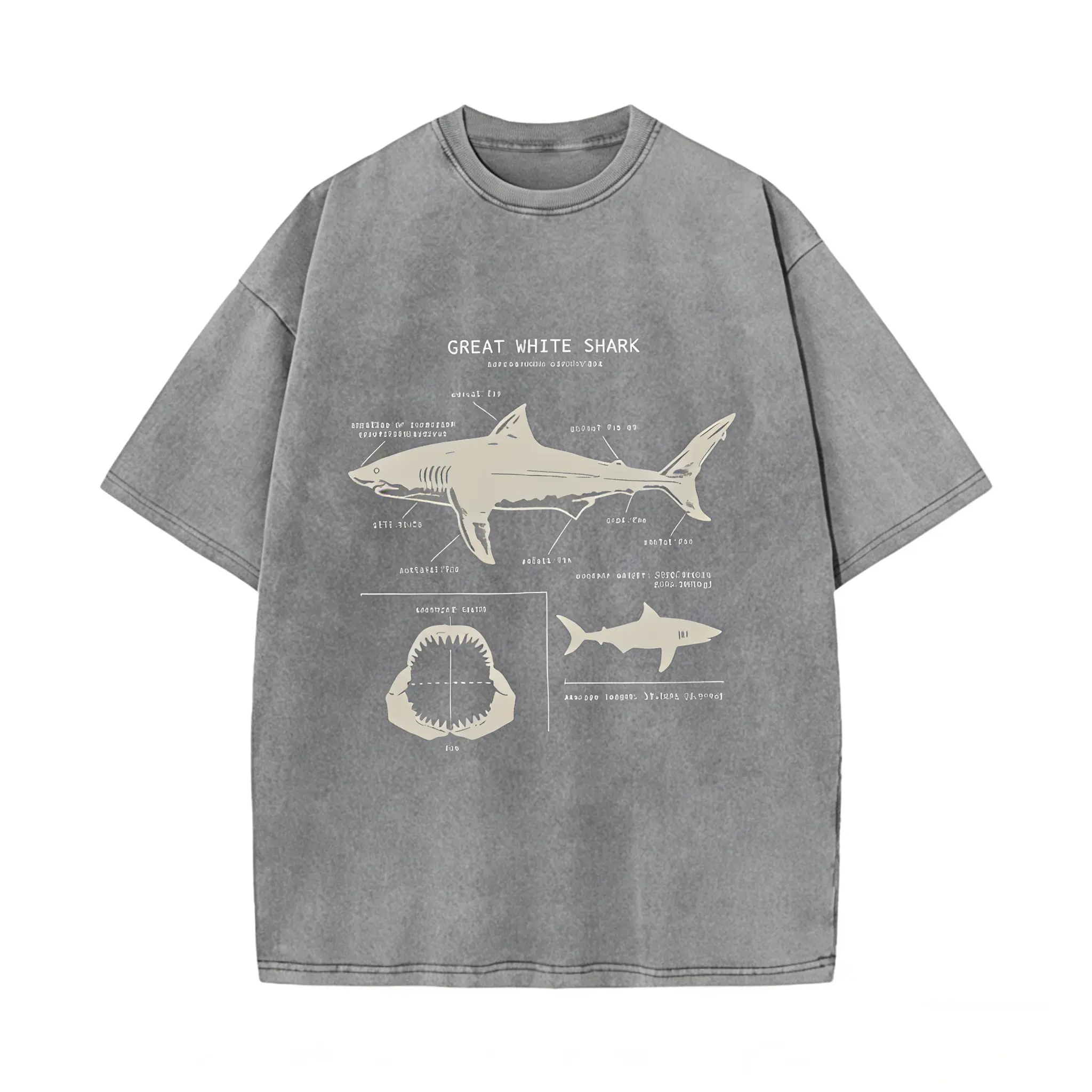 Great White Shark Print Vintage Acid Washed T-Shirt For Men, Suitable For Summer Streetwear Crewneck graphic tee