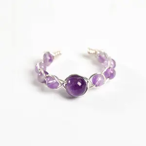 Handmade Copper Wire Ring with Natural Amethyst Round Beads, Adjustable Size