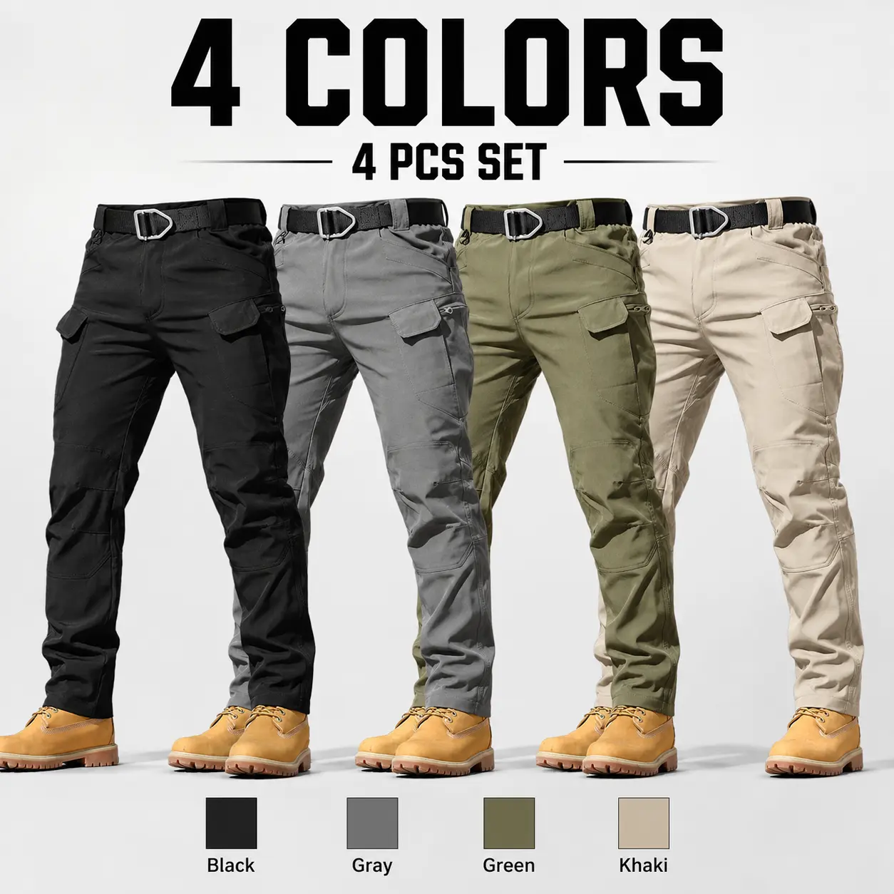 Men’s Tactical Cargo Pants - 2-Pack/4-Pack Black+Grey Polyester Workwear, Reinforced Knees, Casual Durable Straight-Leg Multi-Pocket All-Season Utility Pants for Hiking, Camping