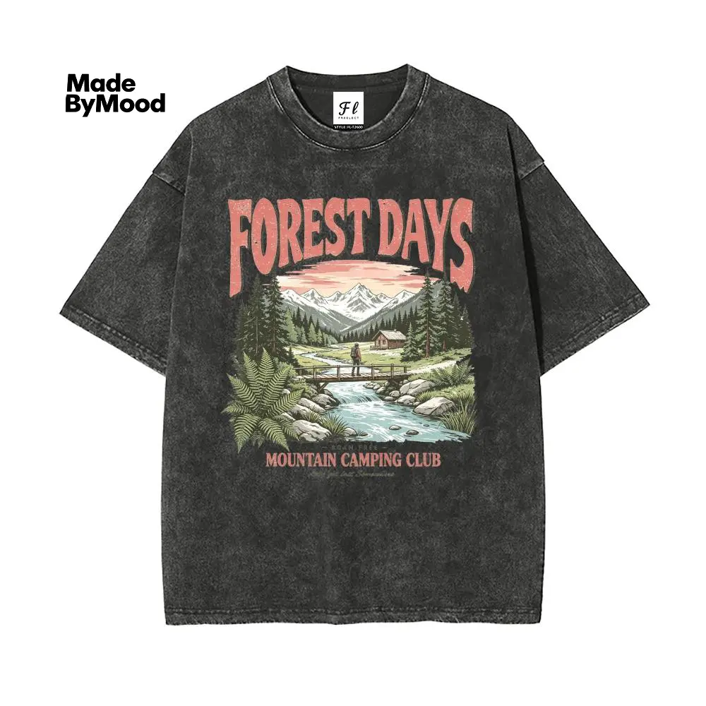 Men's Short-Sleeve Vintage Washed Oversized Graphic T-Shirt - Casual Relaxed Fit Unisex Forest Scene Clothes for Camping Outdoor Activities