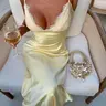 Elegant Feminine Women's Backless Spaghetti Strap Lace Trim Satin Dress, Chic Elegant Fitted, Cross-Back Design Style, Long Slim Fit, Perfect for Dating, Vacation and Travel