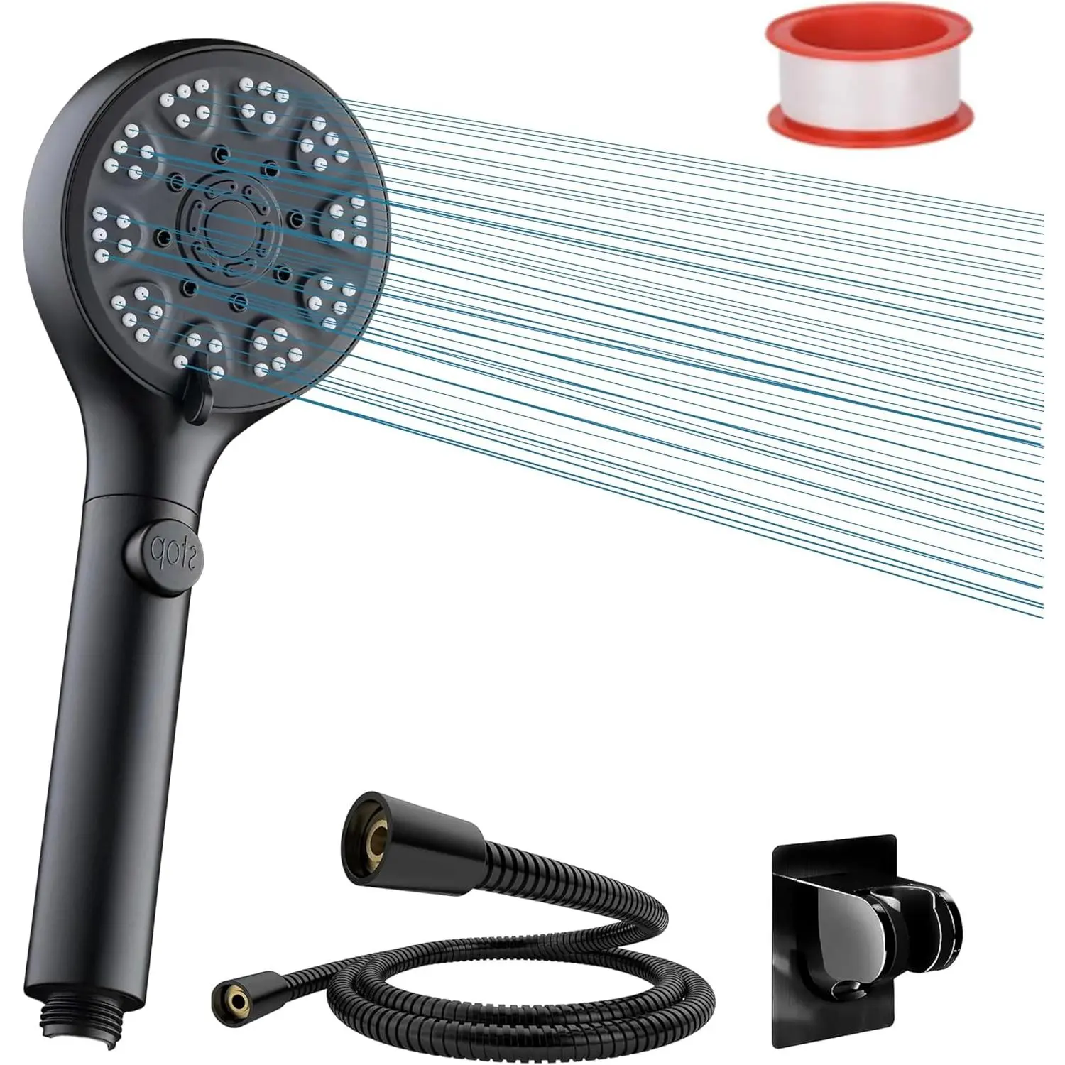 RV shower head with hose, High Pressure handheld Shower Head with ON OFF Switch, 5 Spray Modes for RV Camper, Water Saving Pause button, Adjustable Self-adhesive Holder (Black)