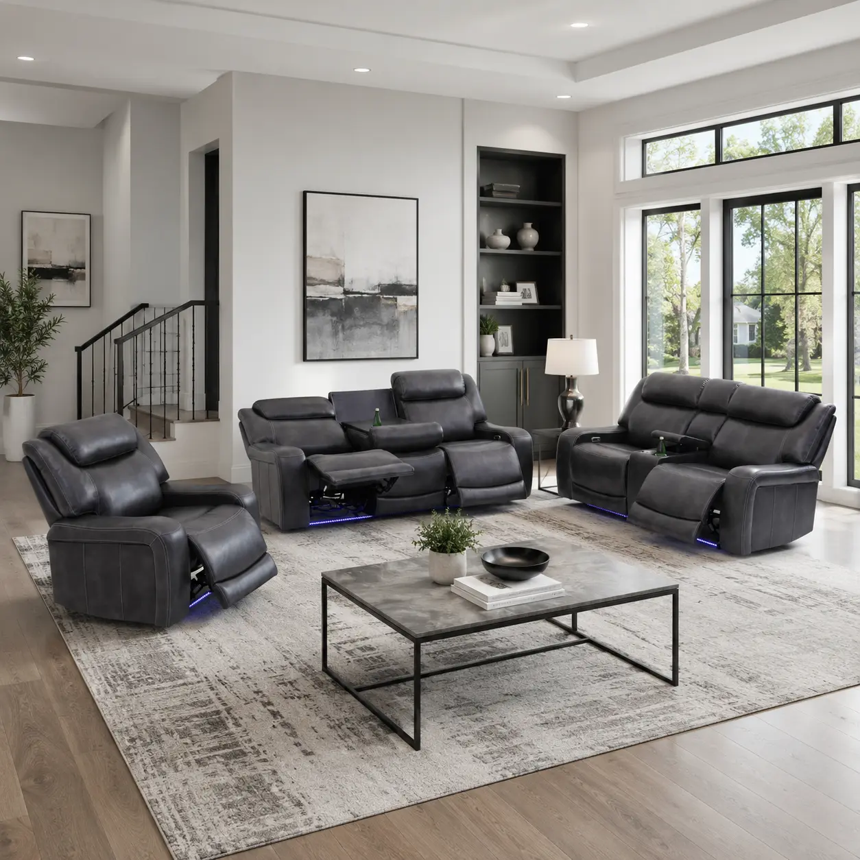 Genuine Cowhide Leather Power Recliner Sofa Set with USB-C Charging, LED Lights, Storage Console and Cup Holders, Black