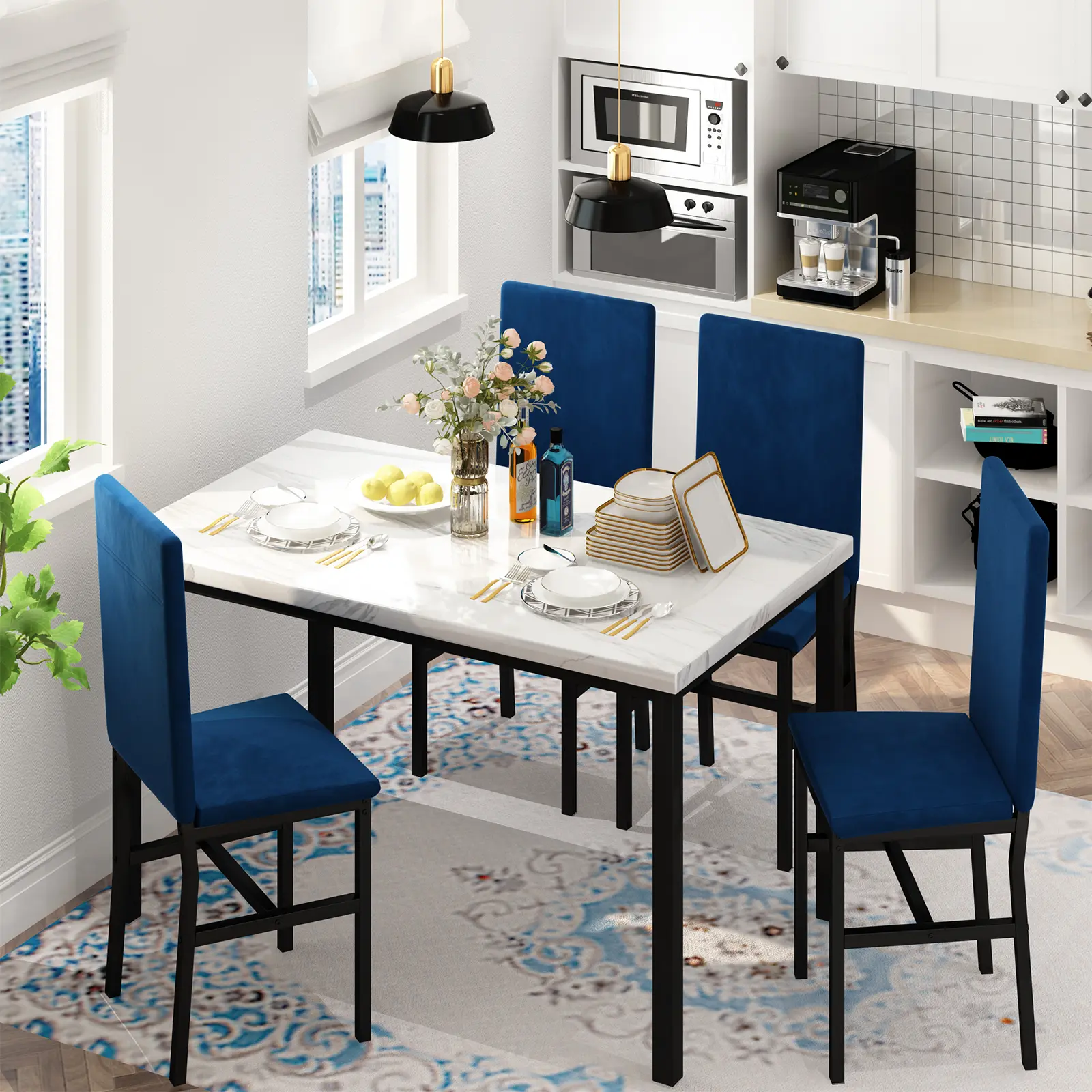 AWQM 4-Piece Dining Table Set - Space-Saving Kitchen Table with Faux Marble Top & 4 Blue Velvet Chairs for Small Dining Areas, Waterproof Wine