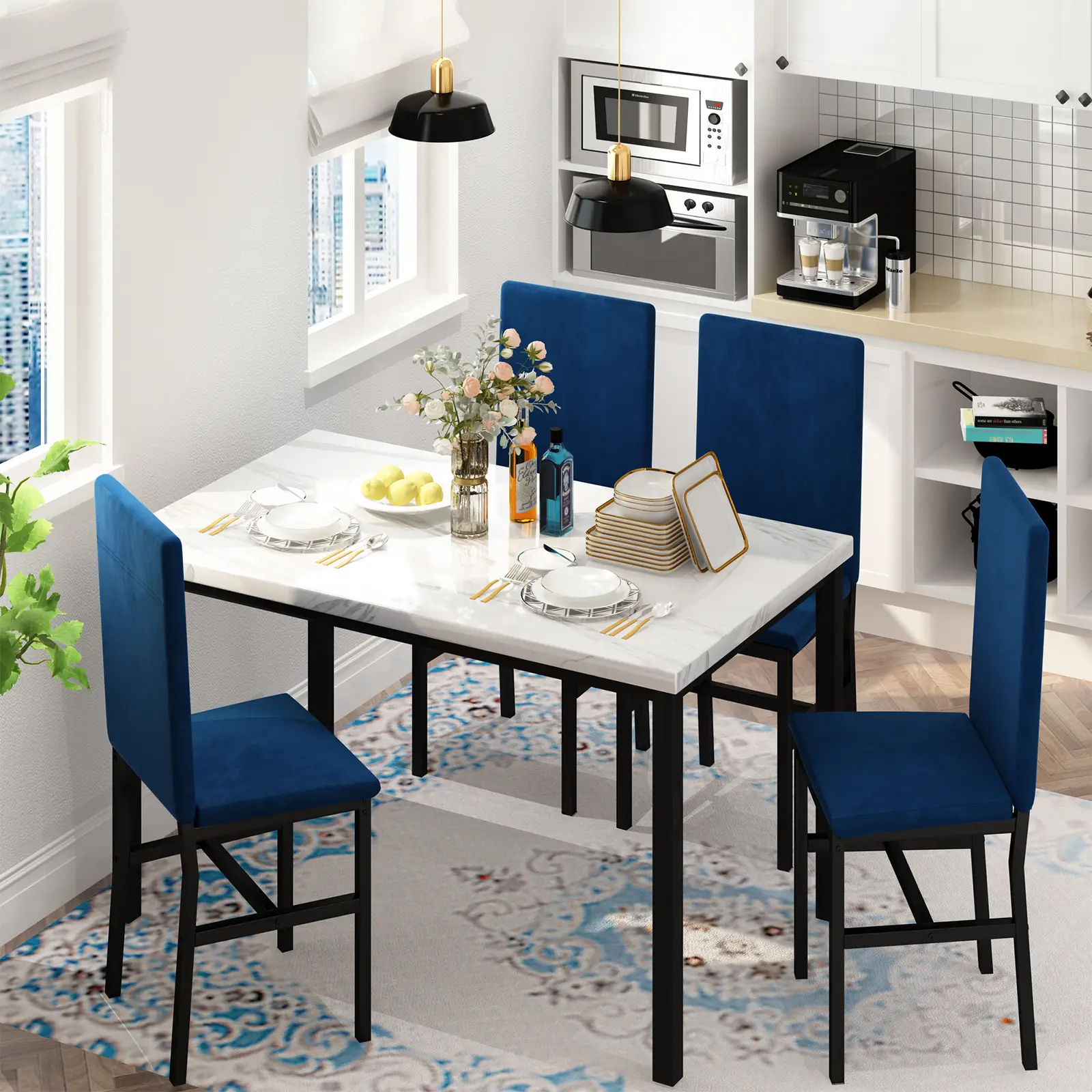 AWQM 4-Piece Dining Table Set - Space-Saving Kitchen Table with Faux Marble Top & 4 Blue Velvet Chairs for Small Dining Areas, Waterproof Wine