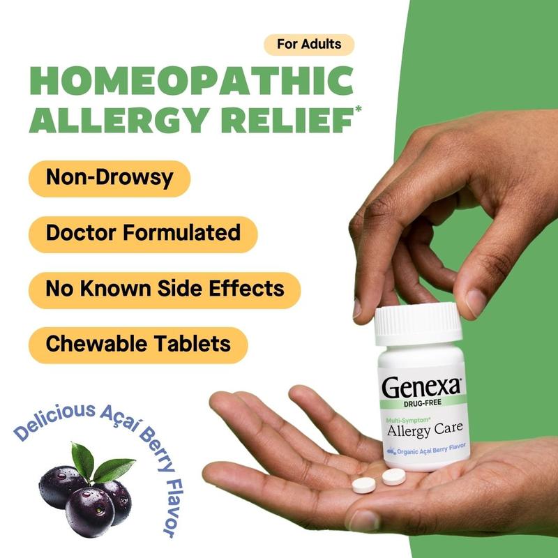 Genexa Allergy Care | Drug Free, Non-Drowsy Allergy & Decongestant Remedy for Adults | Vegan & Non-GMO | Homeopathic Allergy Relief Made Clean | Organic Acai Berry Flavor | Chewable Tablets