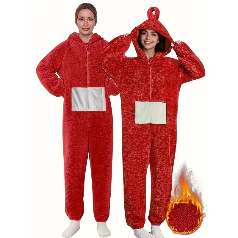 Women's Elegant Coral Fleece Robe - Thickened All-Season V-Neck Off-Shoulder Onesie Pajamas, Soft and Warm Winter Pajamas, Comfortable Loungewear, Christmas Outfit (Red) - Easy Care, Machine Washable, Casual Loungewear Nightwear Womenswear