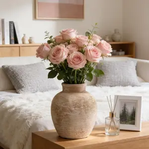 6-Inch Rustic Ceramic Vase for Flowers, Waterproof Farmhouse Flower Bouquet Vase with Threaded Texture, Small Decorative Bud Vase for Modern Home Decor, Living Room, Table Centerpiece, Tan